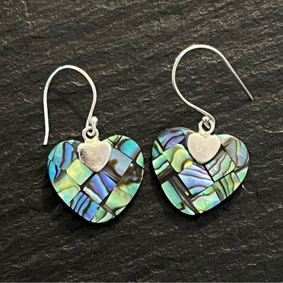 Abalone Shell Sterling Silver 925 Heart French Hook Earrings - Picture 7 of 13